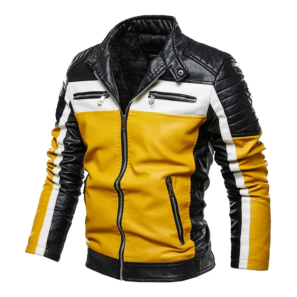 Männer Gelb PU Leder Jacke Patchwork Biker Jacken Casual Zipper Mantel Männlichen Motorrad Jacke Slim Fit Pelz Gefüttert Outwear Mantel