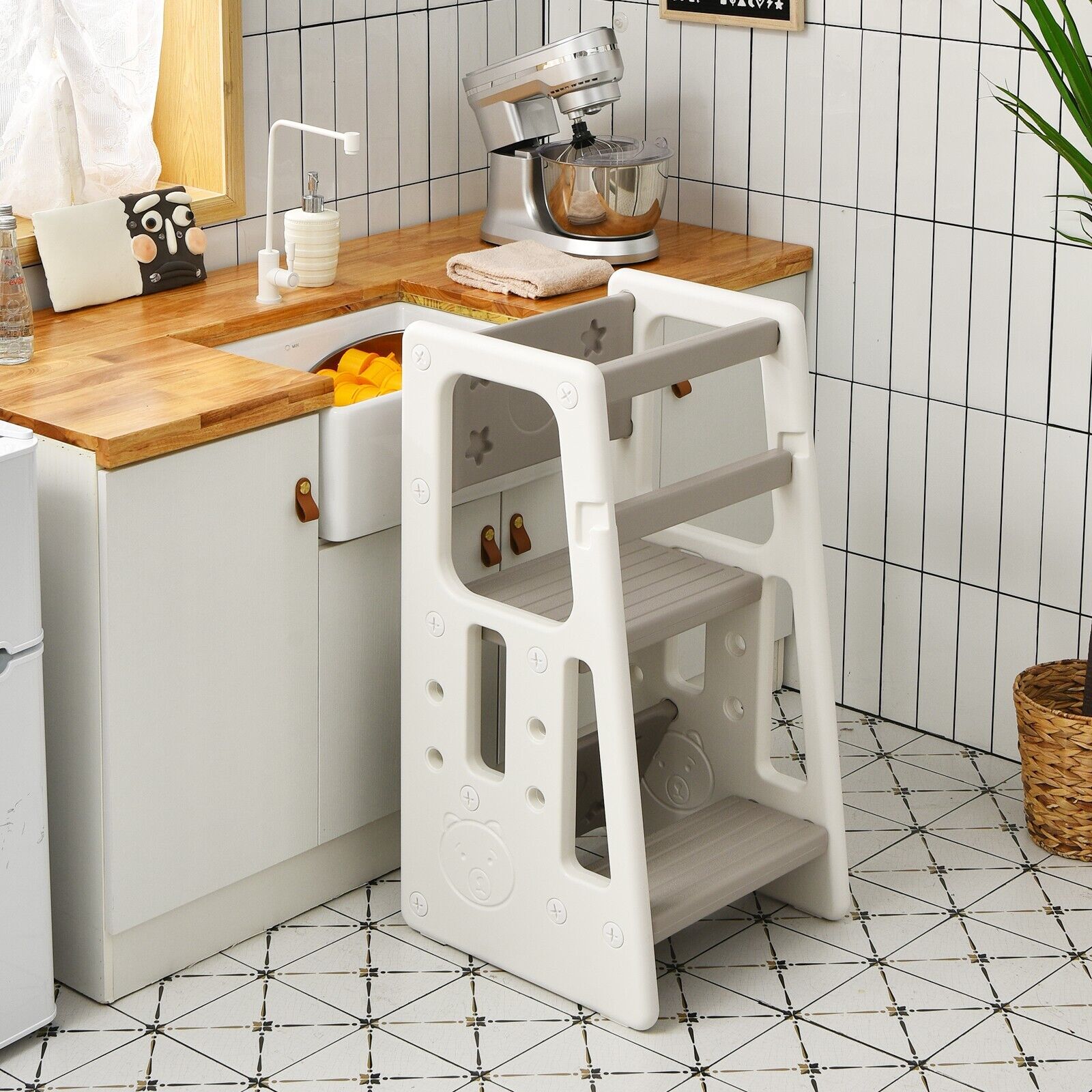 GOFLAME Kids Non-slip Kitchen Step Stool Toddler Learning Stool with Double Safety Rails