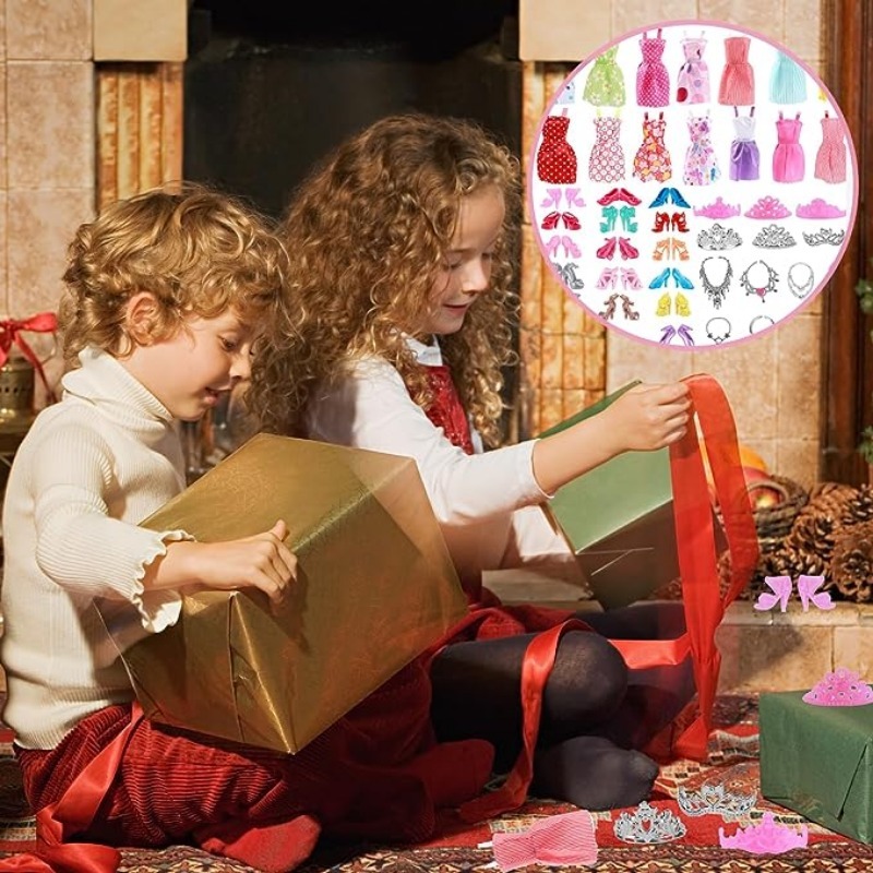 32 szt. Losowe ubranka i akcesoria dla lalek, 10 szt. Modnych sukienek 22 szt. Butów, okulary, naszyjniki, torebka dla lalki Barbie