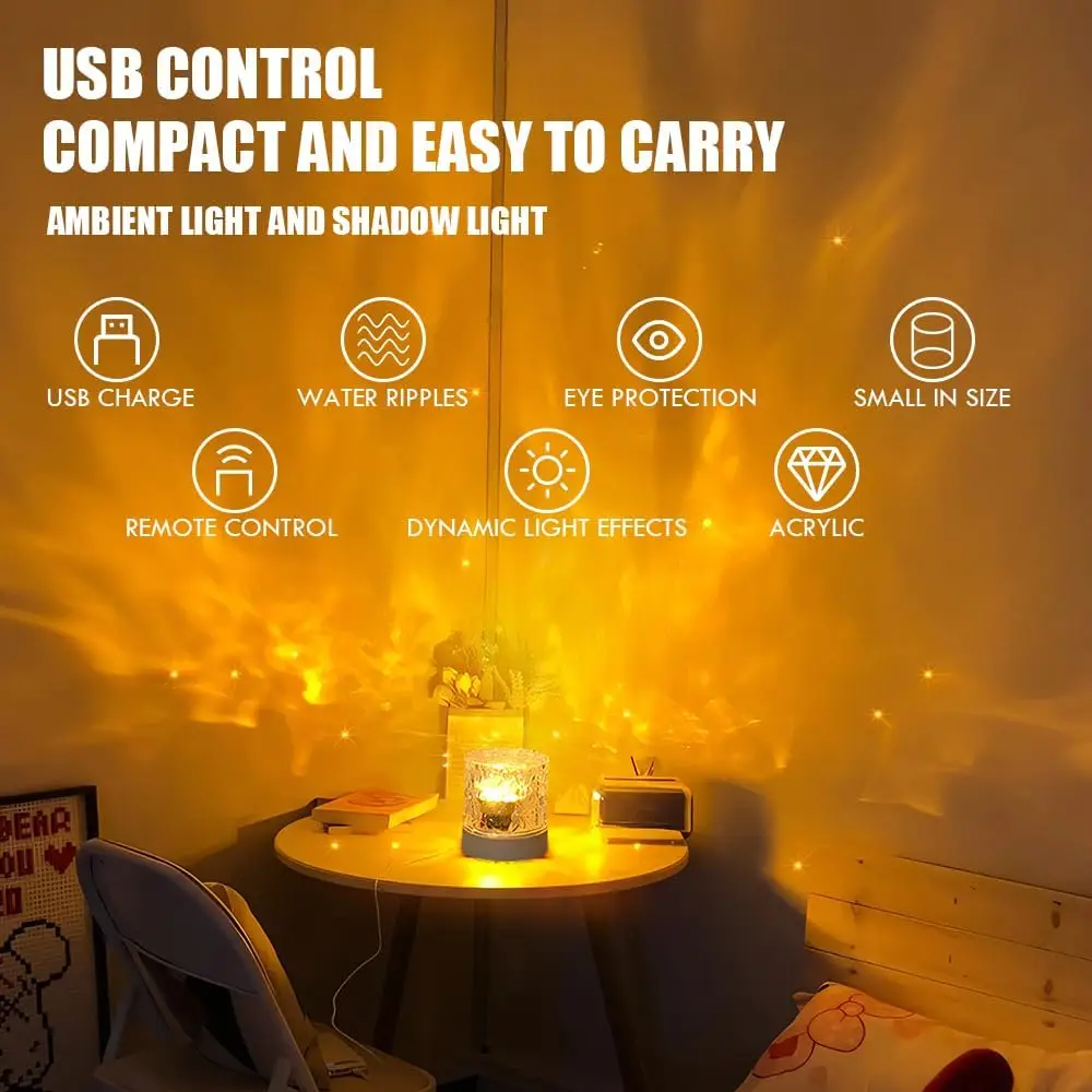 โคมไฟระลอกน้ํา, USB ระลอกน้ํา Night Light, บรรยากาศโรแมนติก Ocean โปรเจคเตอร์ Light, คริสตัล Ocean Wave โคมไฟ LED Night Light