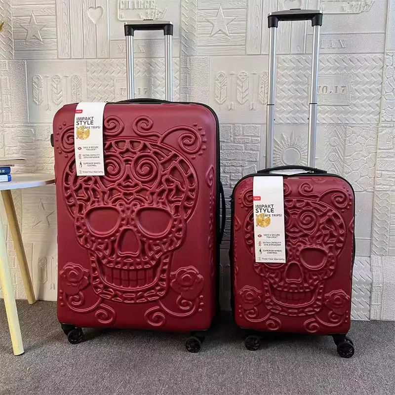 Bagagem de rolamento de cabine com rodas, mala, trole, alfândega, TSA, 3D Skull, nova moda, conjunto de 3, 20 ", 24", 28"