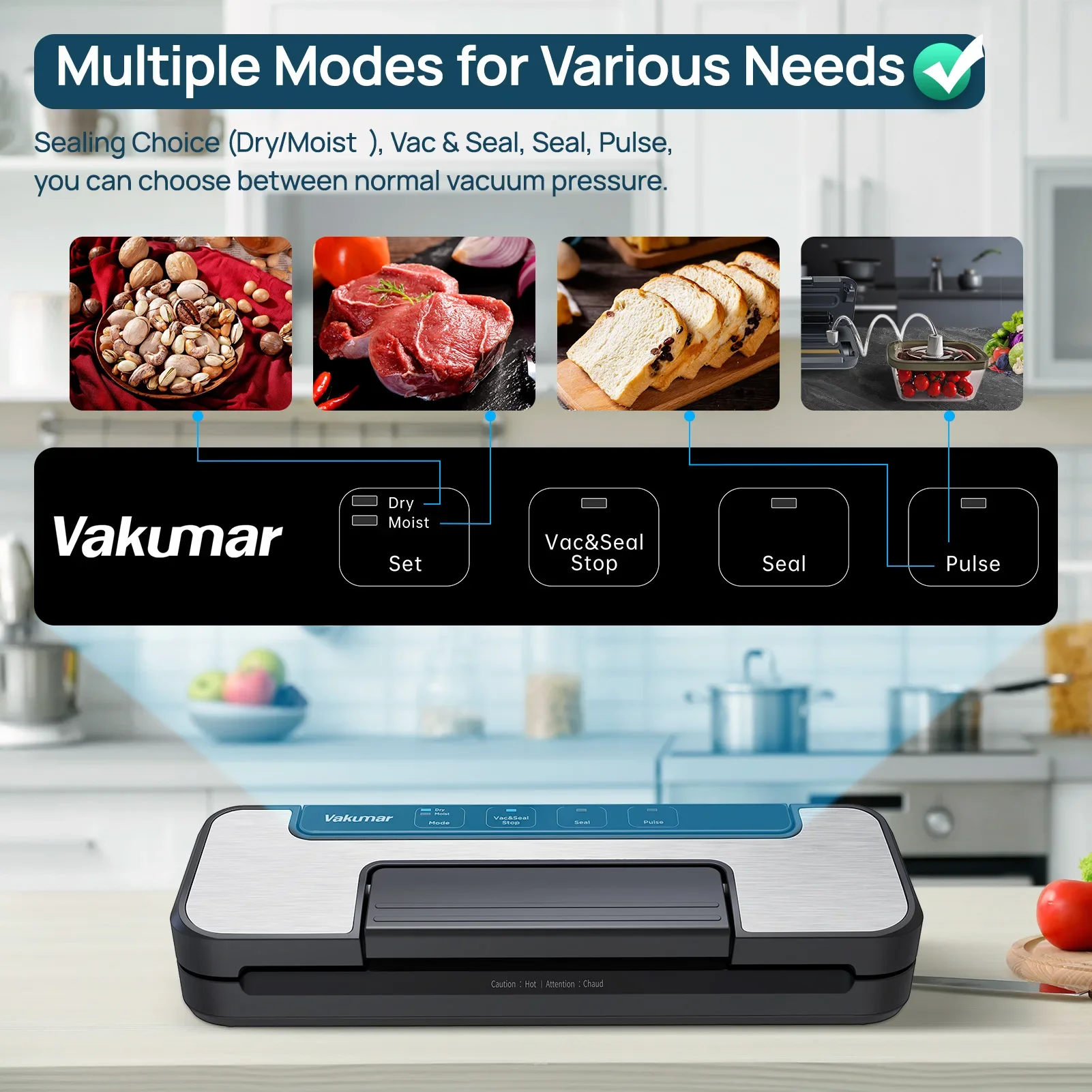 Vakumar VH1506 เครื่องซีลสูญญากาศ sous vide Handle type 80Kpa มัลติฟังก์ชั่นและสะดวกเครื่องซีลสูญญากาศในครัวเรือน