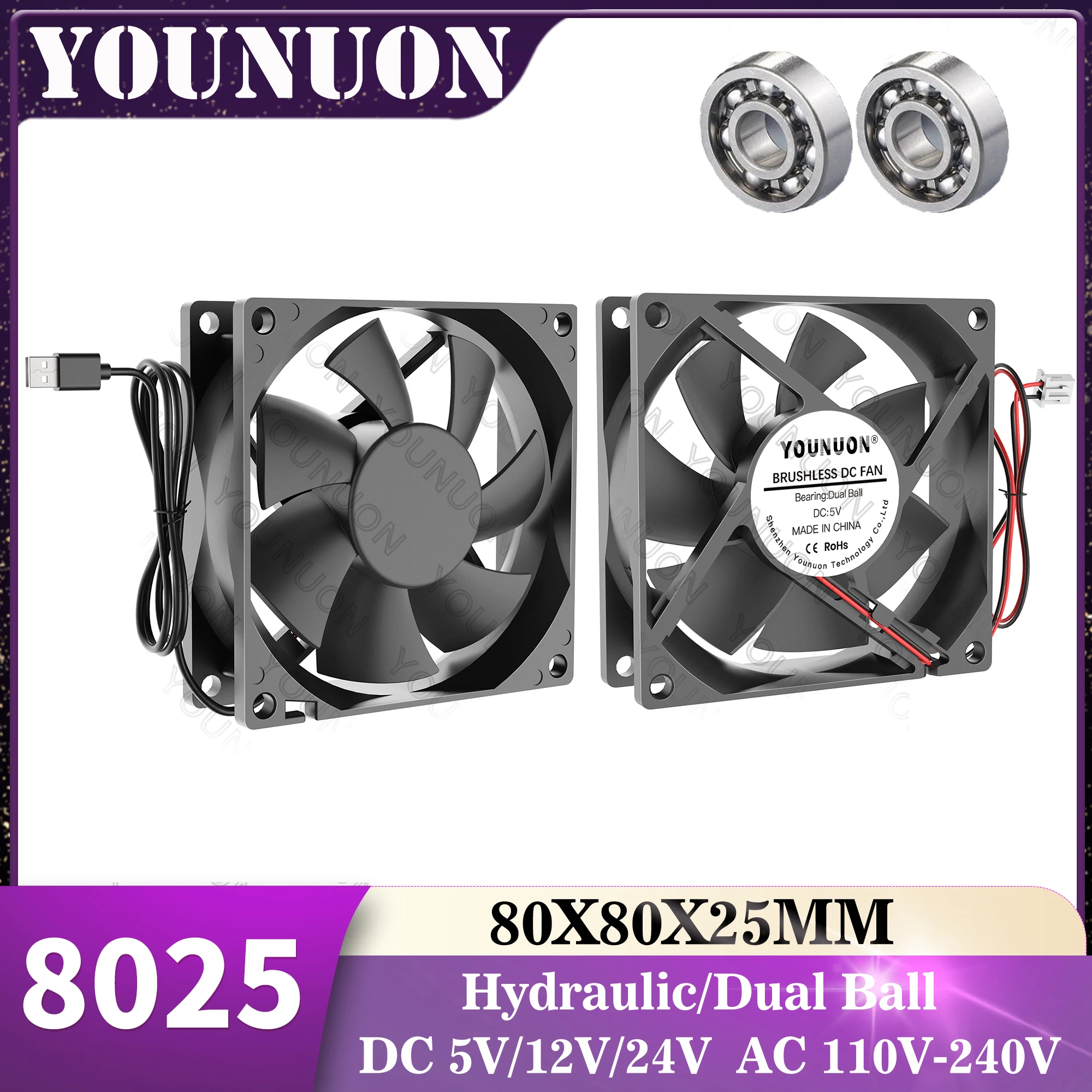 YOUNUN 80 мм 8025 80X80X25 мм охлаждающий вентилятор 5 В/12 В/24 В постоянного тока бесщеточный охлаждающий вентилятор 8025 рукав и осевой вентилятор с двумя шарикоподшипниками