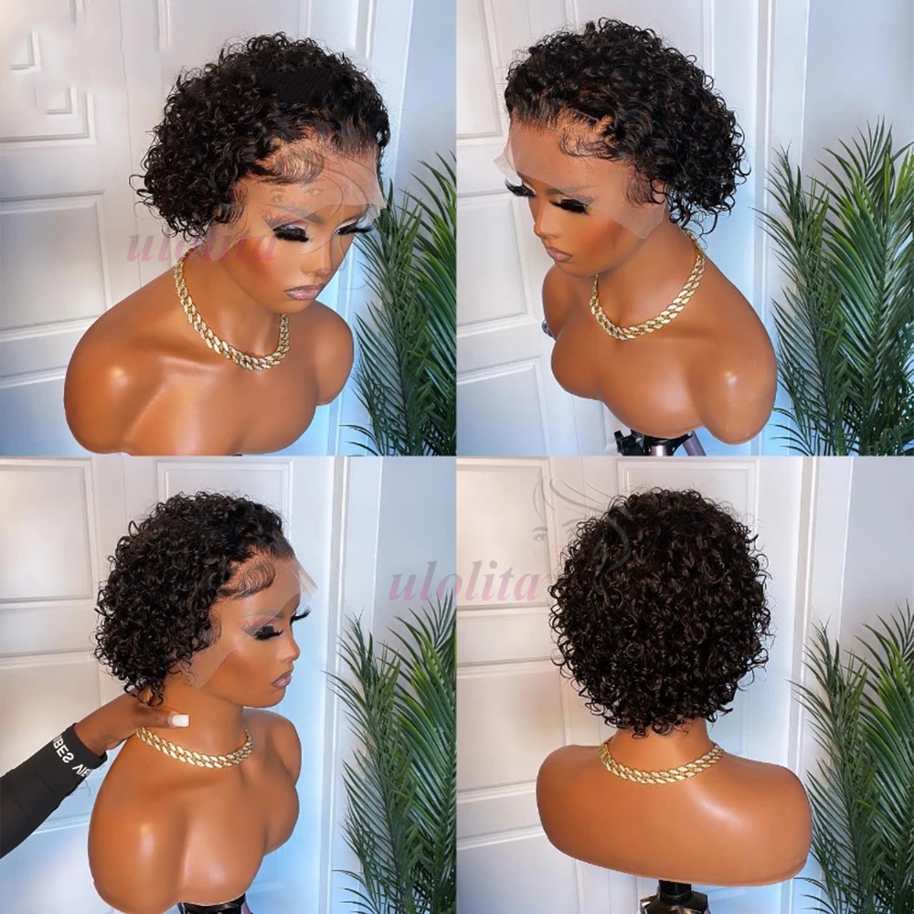 Pixie cachos 100% cabelo humano 13x4 perucas frontais do laço pixie corte curto bob peruca de cabelo humano transparente frente do laço peruca de cabelo humano
