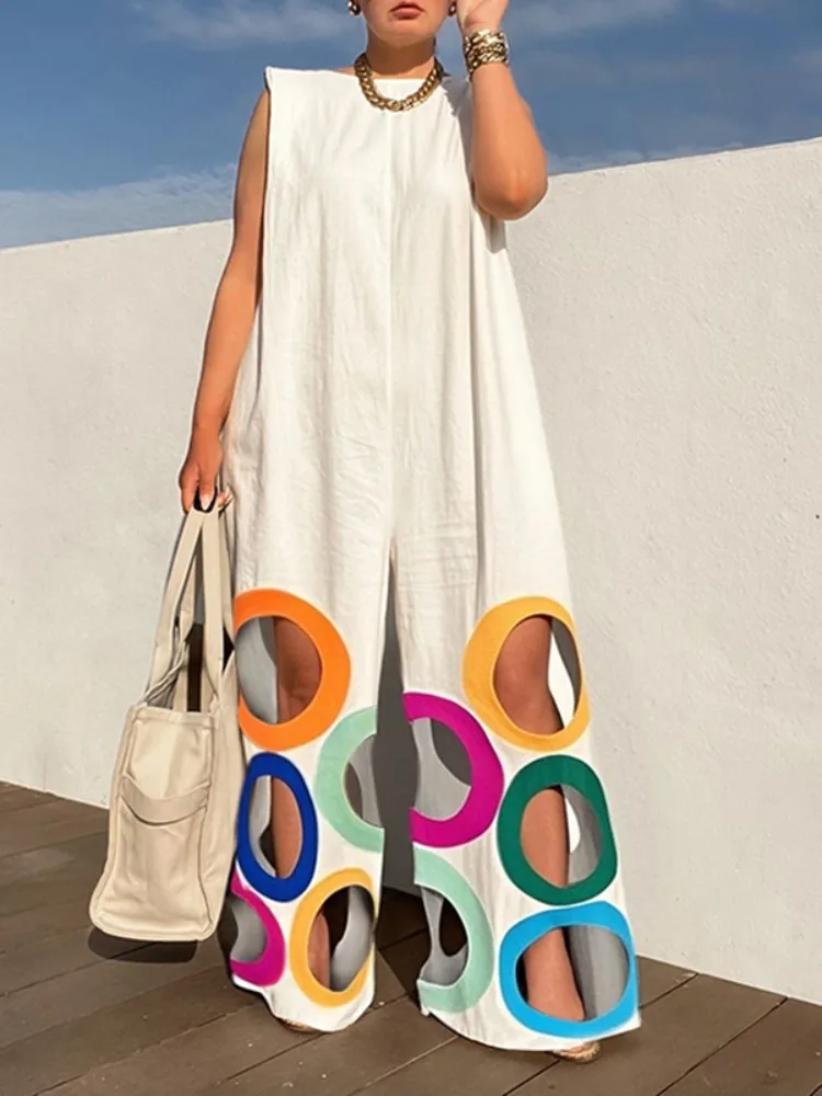Yeezzi Damen-Overalls, modisch, Regenbogenfarben, hohl, weites Bein, 2022, neuer Sommer, ärmellos, locker, urbane Büro-Overalls mit Schulterpolster
