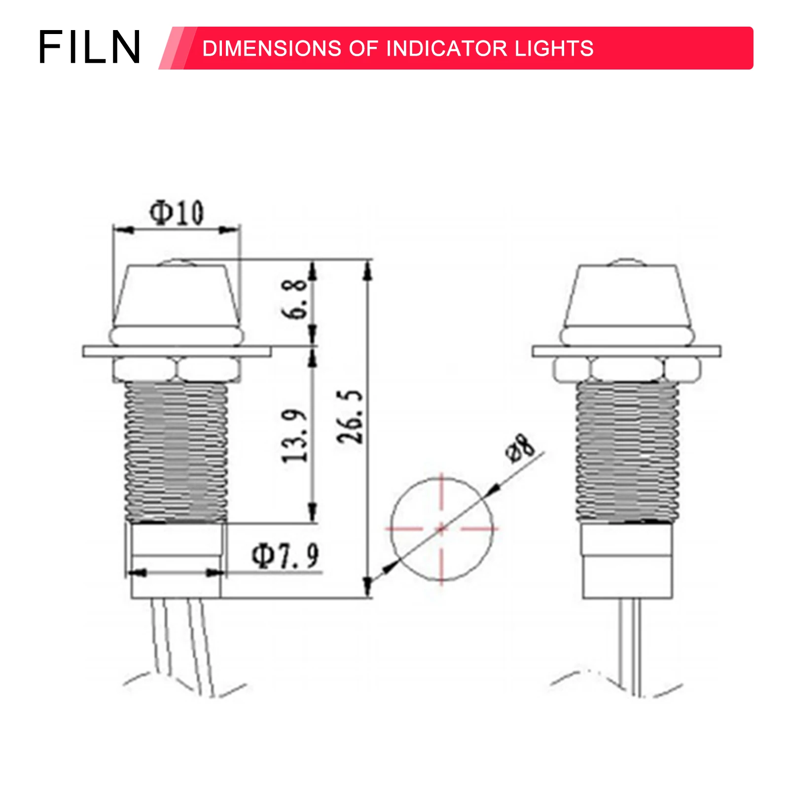 FILN 8 ミリメートル 12 ボルト金属 LED パイロットパネルダッシュ信号インジケータ警告灯 20 センチメートルケーブルクローム仕上げ車ボートマリン