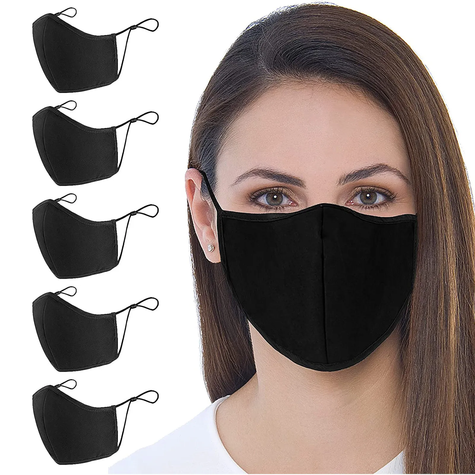 洗える再利用可能な綿のマスク,通気性のある生地のイヤリング,女性用,アウトドアサイクリング,快適,黒,5パック