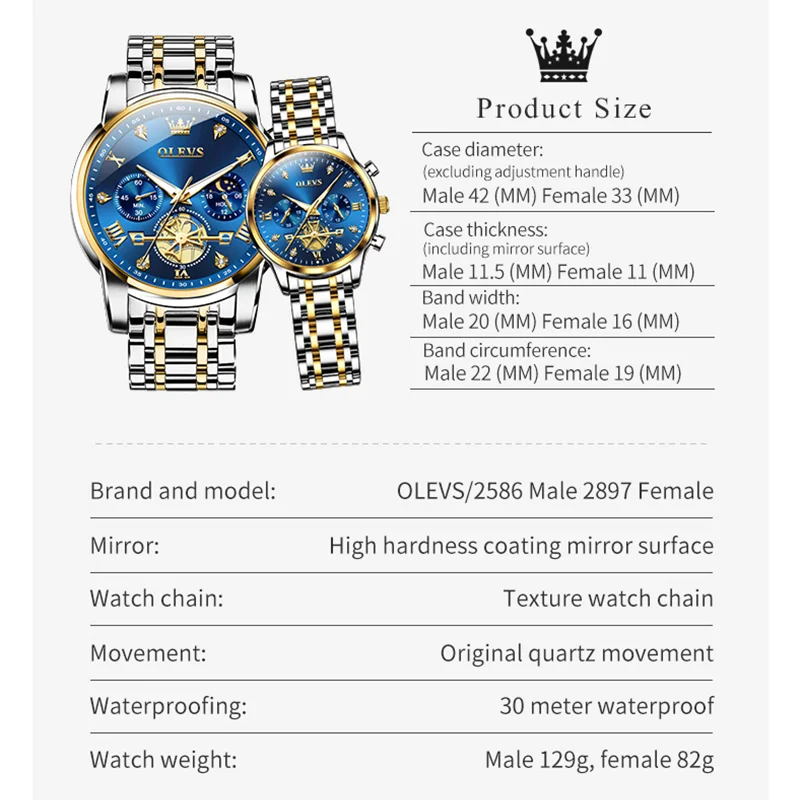 OLEVS นาฬิกาคู่เทรนด์แฟชั่นนาฬิกาข้อมือต้นฉบับคนรักที่สวยงามกล่องของเขาและนาฬิกากันน้ําส่องสว่างข้างขึ้นข้างแรม