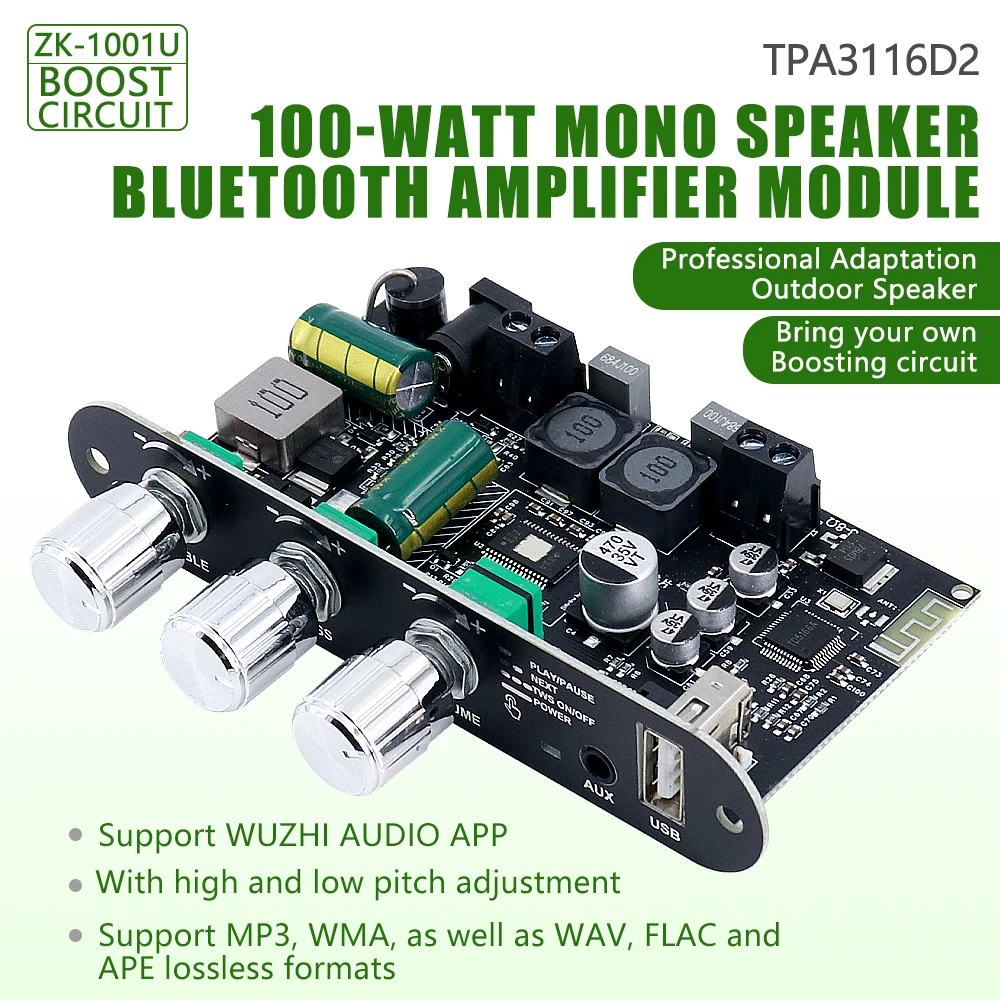 Carte amplificateur Bluetooth Mono ZK-1001U 100W avec Circuit Boost TPA3116D2 AUX USB Inpu prise en charge TWS DC 9–24V