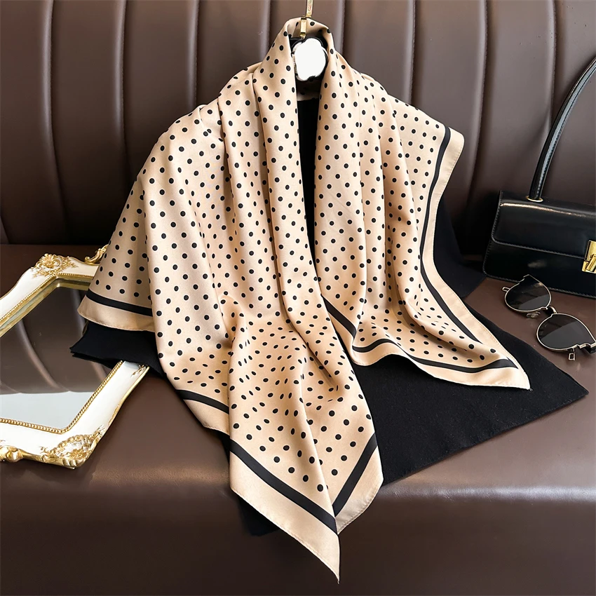 Verão elegante feminino 90cm sarja de seda lenço de cabelo quadrado dot print protetor solar praia estolas hijab xale envolve bandana echarpe
