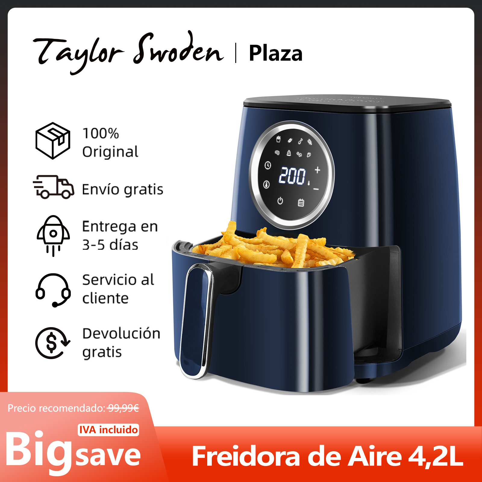 Freidora Sin Aceite, 8 Menús Prestablecidos y Modo Manual, 1400W, Panel LED Táctil, Air Fryer de 4,2 Litros de Capacidad, Cesta Antiadherente, Libre de BPA, Color Azul