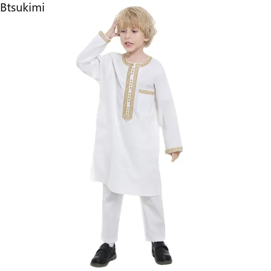 子供のためのイスラム教徒の服のセット,イスラムの服,アバヤ,カフタン,ジュバ,トーブ,パーティー,サウジアラビア,男の子,2個,2025