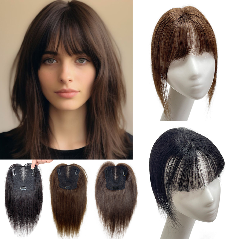 スイスレースの見えないトッパー,女性用,人間の髪の毛のエクステンション,フリンジ付き,25cm, 13x12cm