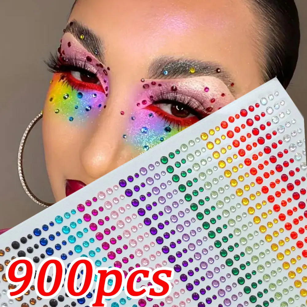 1 arkusz 900 sztuk tęczowa twarz błyszczący klejnot naklejki przyklejane tatuaż na twarz oko Rhinestone klejnoty 3/4/5mm Mix wesele makijaż