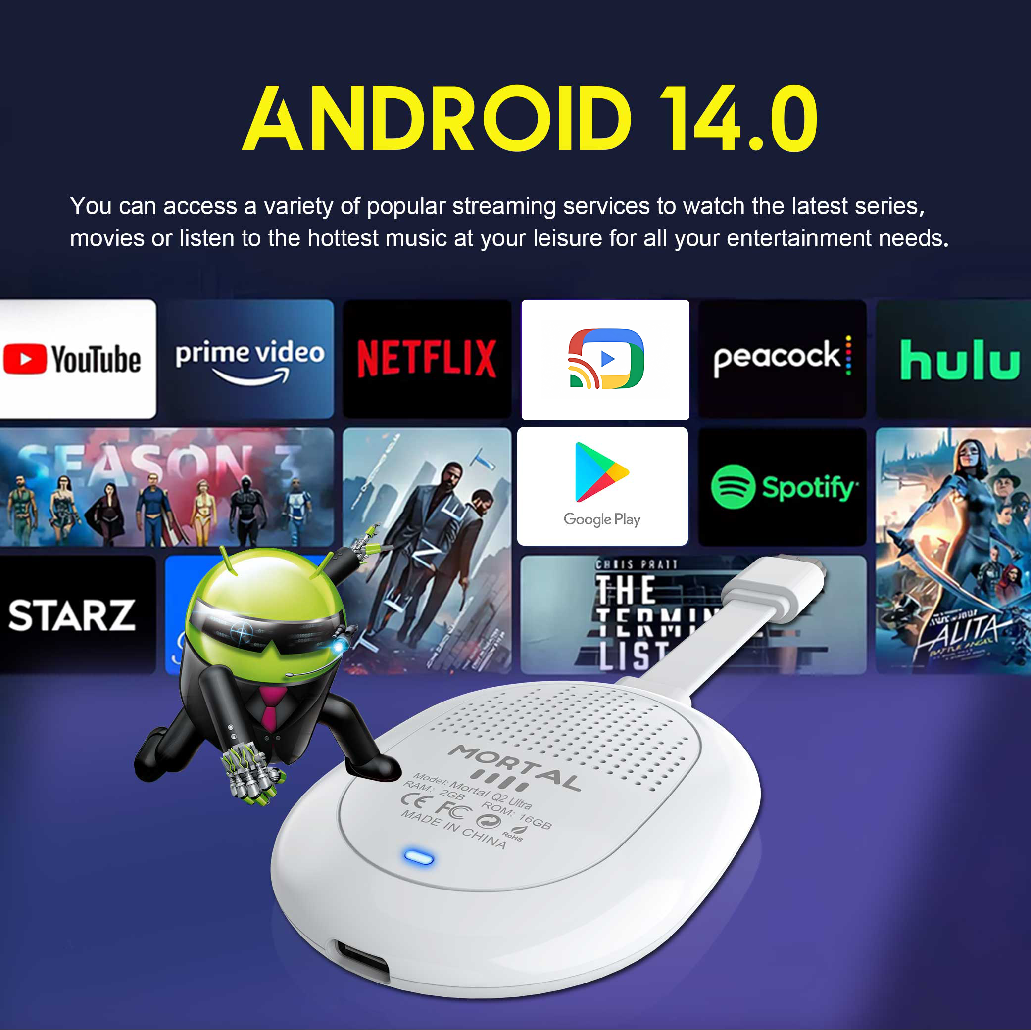 Mortal Android14 Q2 Ultra TV Stick 4K Display Adapter Allwinner H313 WIFI 6 Dongle Android iOS BT5.X Voice Remote Control TV Box