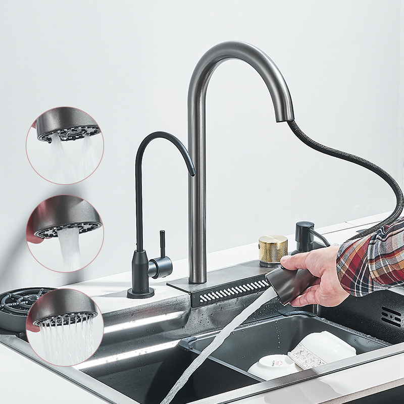 Évier de cuisine cascade en acier inoxydable 304, grand fente unique intégrée, ensemble de robinets 60x45cm, distributeur de savon/eau Pure/laveuse de tasses