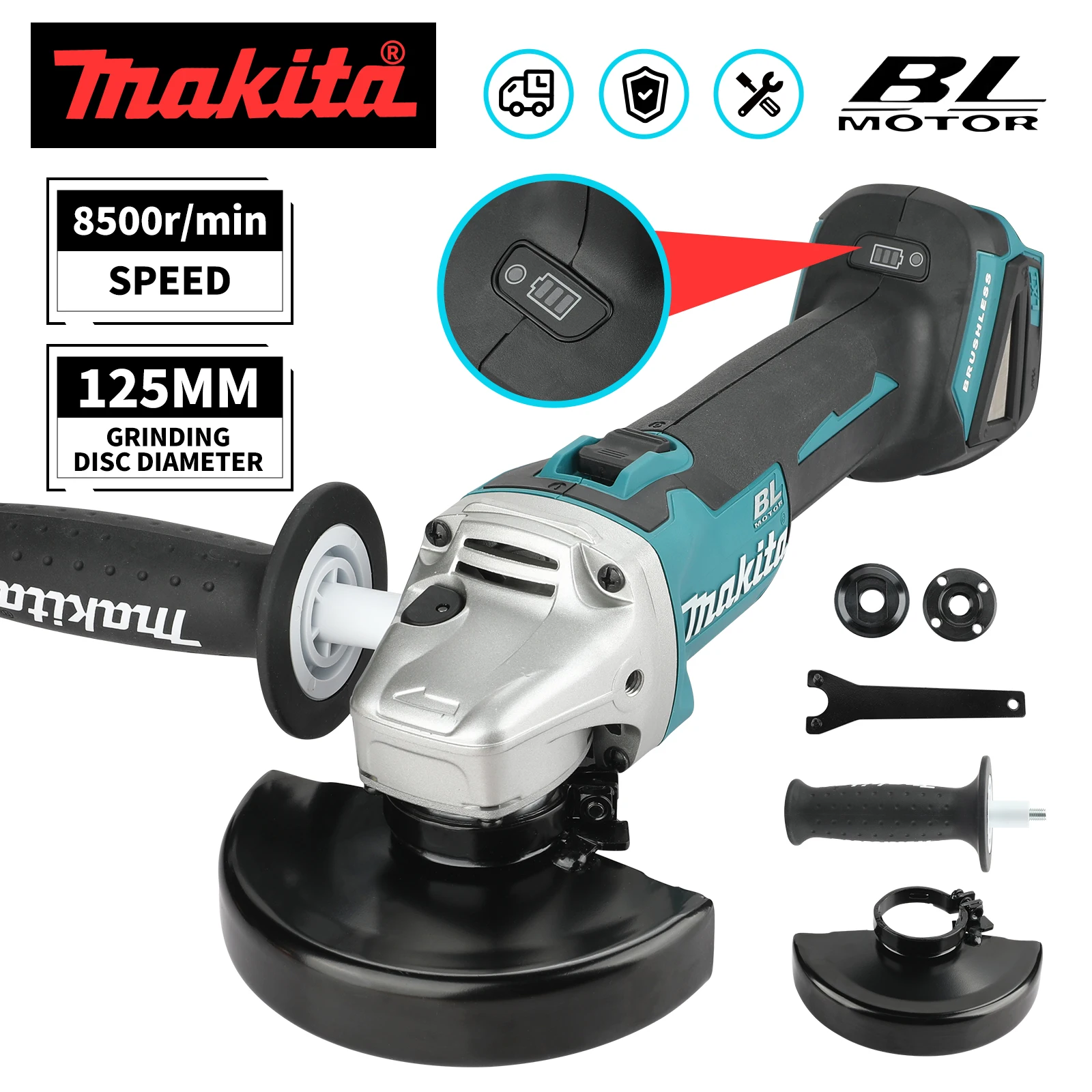 Makita 18v novo moedor sem fio dga504 roda de 125mm, 6.0ah Li-4-1/2 ”/5" corte/moedor de ângulo, para moagem de metal e corte de madeira