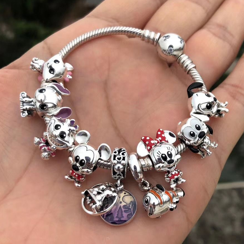 Ciondolo con perline serie Topolino Minnie in argento sterling 925 adatto per braccialetti Disney Stitch 925 regalo di gioielli da donna fai da te