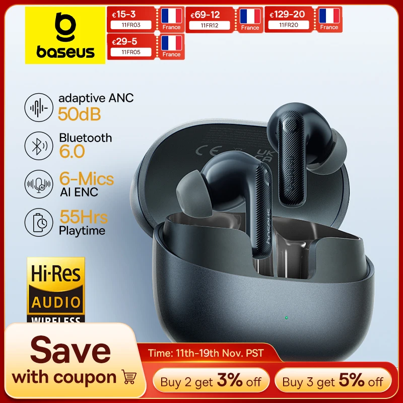 Baseus EP10 Pro ANC écouteurs sans fil Bluetooth 6.0 écouteurs 50dB casque adaptatif en temps réel 6 micro haute résolution LDAC IP55 écouteurs