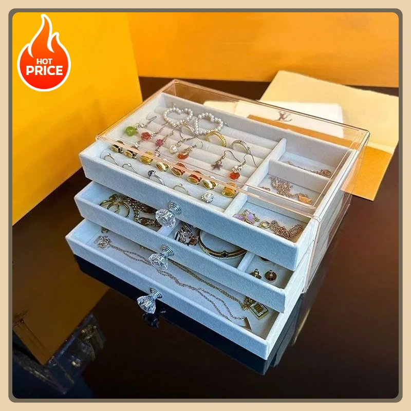 Geeignet für Damen, Schmuckaufbewahrungsbox aus Acrylsamt mit 3 Schubladen, stapelbare Aufbewahrungsbox für Ohrringe, Halsketten und Armbänder.