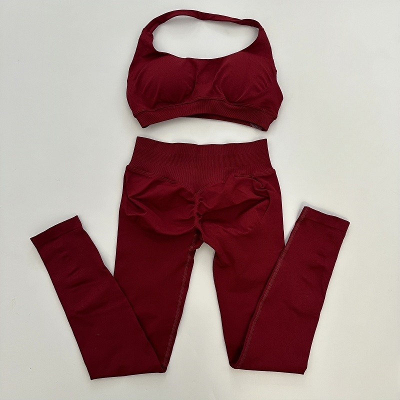 Conjuntos de mallas de impacto para mujer, conjunto de yoga sin costuras, conjunto de mallas con fruncido en el trasero, traje de gimnasio de entrenamiento con top corto halter