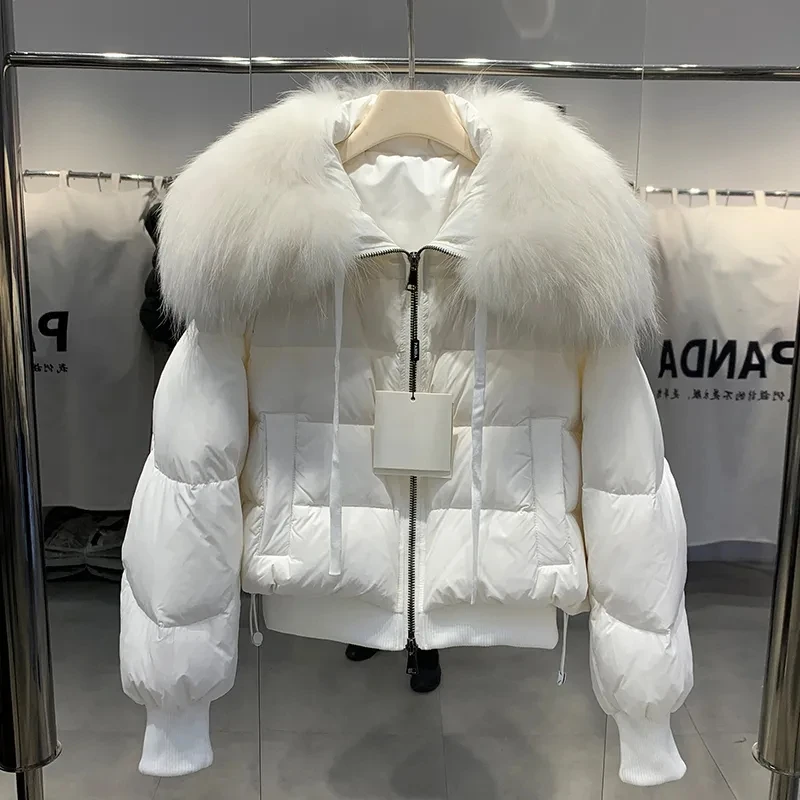 Nieuwe Winter Echte Wasbeer Bontkraag Witte Eend Donsjack Mode Warme Bontkraag Pufferjas Dames Ganzendons Donsjack