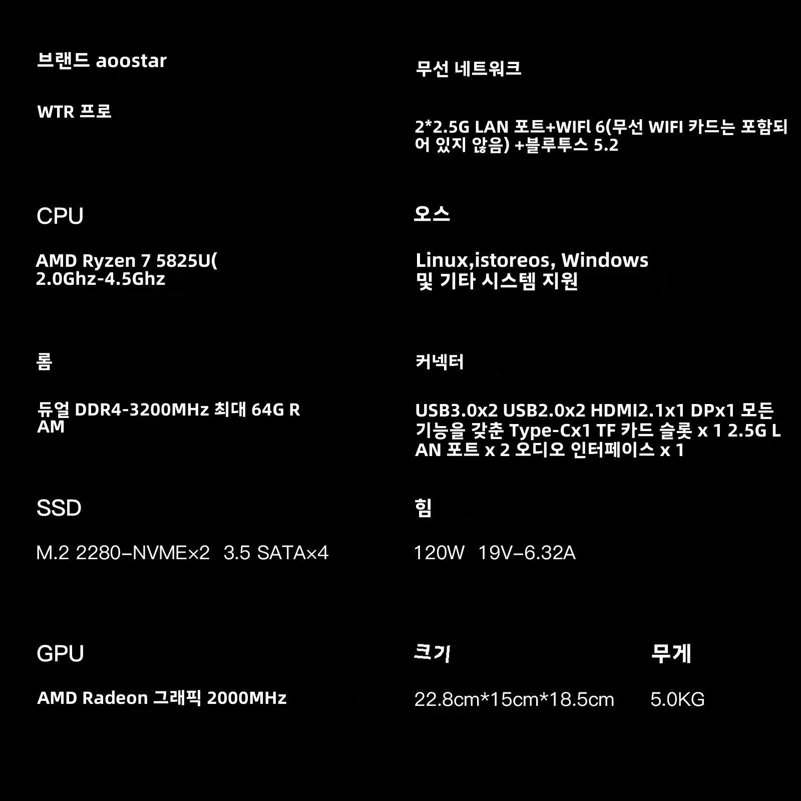 AOOSTAR 미니 PC, 4 베이 나스 WTR 프로, AMD 라이젠 7 5825u, 2.5/3.5 인치 HDD * 4, NVME SSD * 1 지원