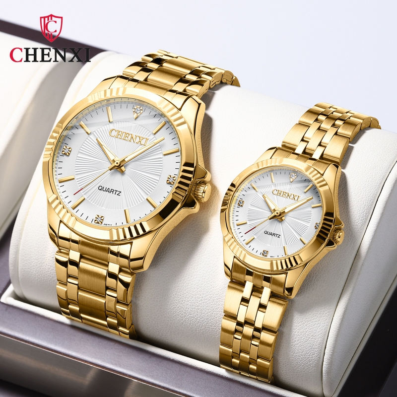 CHENXI 050A moda pareja relojes de cuarzo de lujo de acero inoxidable dorado resistente al agua Lumious mujer hombres reloj de pulsera de negocios regalos