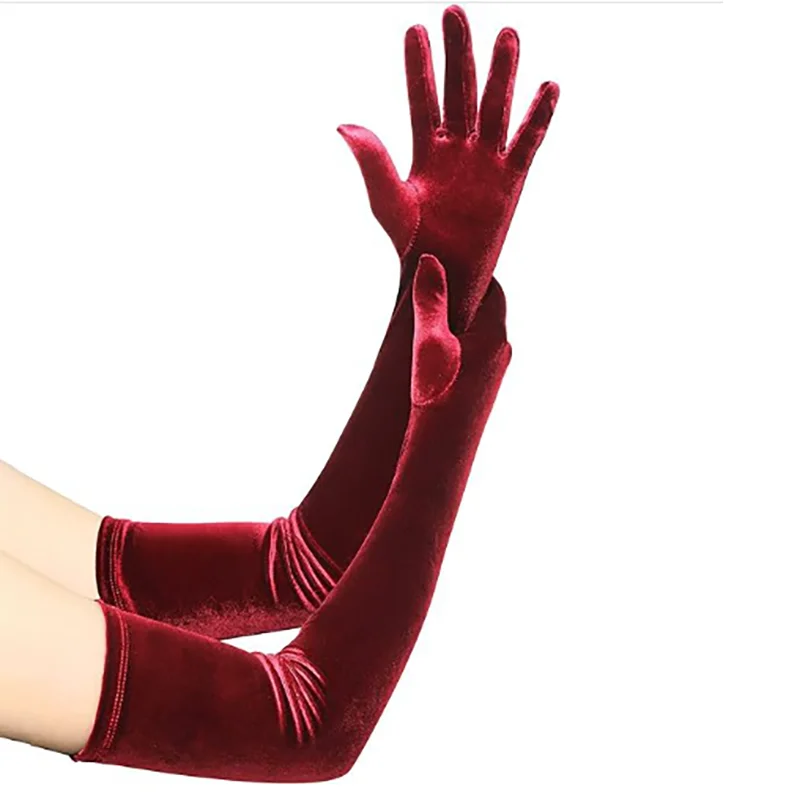 Vestido de noche largo y cálido de terciopelo para mujer, 53cm, etiqueta elegante, guantes elásticos negros, accesorios de fiesta para banquete de estilo Retro
