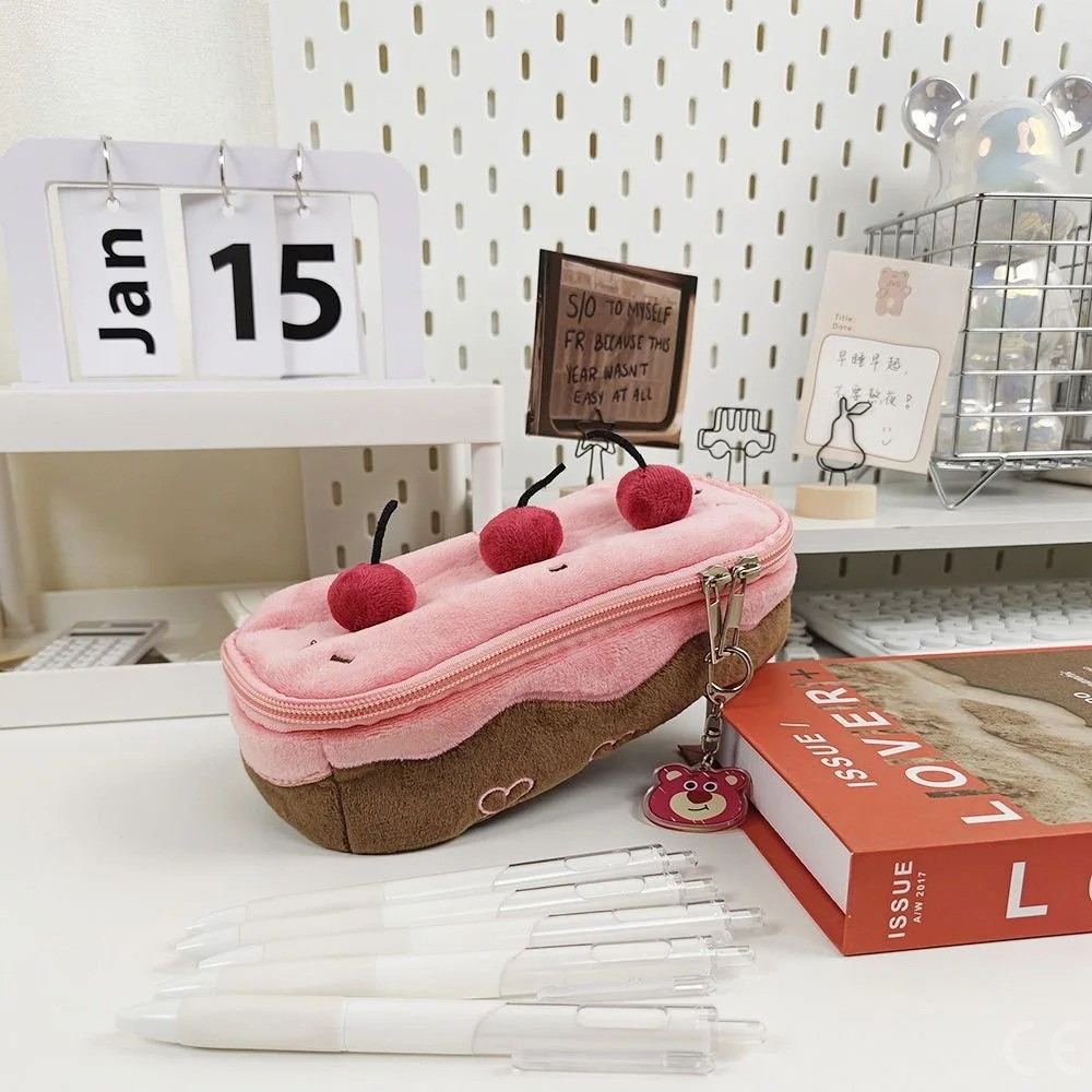 Cute Pencil Bag Plush Cherry Cake Pencil Case Large Capacity Student Stationery Storage for Girls Kids Back to School Gift