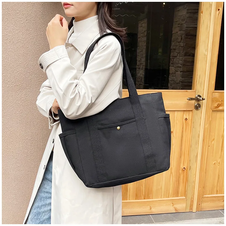 Canvas Women's Bag Large Capacity Multiple Outer Pocket Zipper Shoulder Bag Student Handbag Shopping