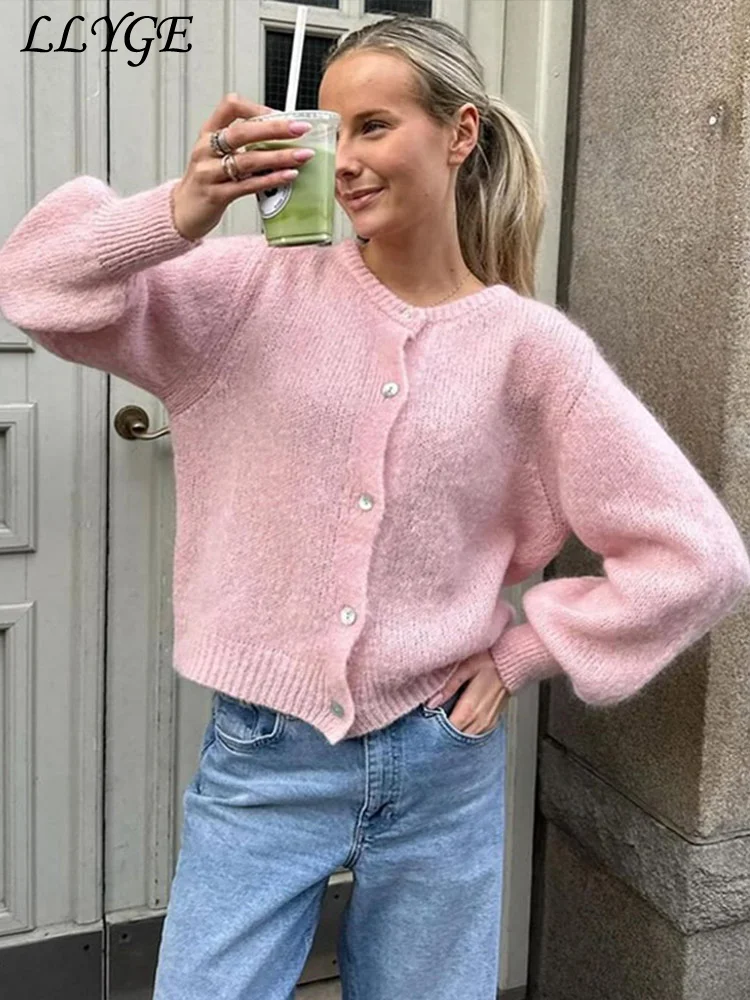 Lässig gestrickte Mohair-Strickjacken Frauen solide o Hals einreihige Langarm pullover 2024 Herbst rosa All-Match-Strickwaren neu