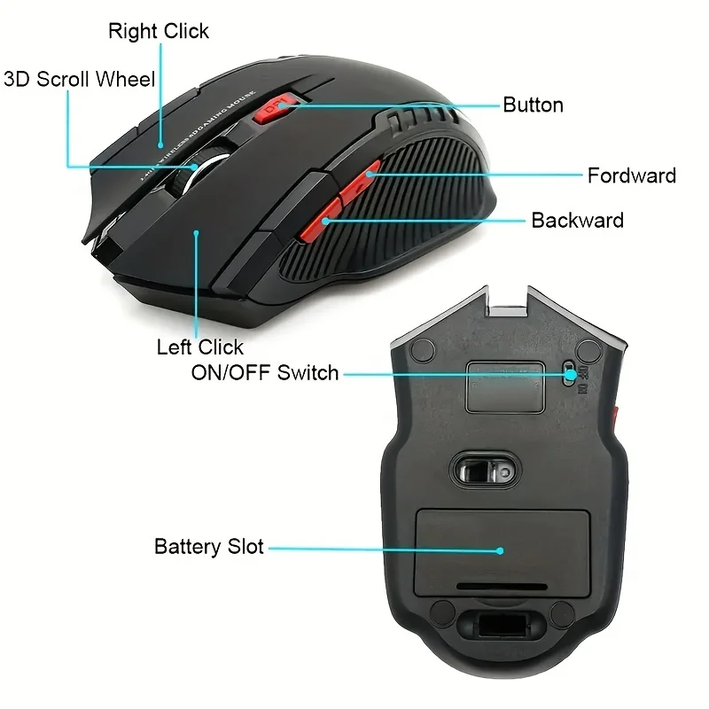 Mouse sem fio de 2,4 GHz ajustável DPI Mouse 6 botões Mouse óptico para jogos Gamer Ratos sem fio com receptor USB para computador PC