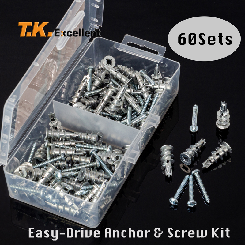 120 pces liga de zinco gesso drywall âncora parede oca auto-perfuração plugue de parede com parafuso de rosqueamento parafuso drywall