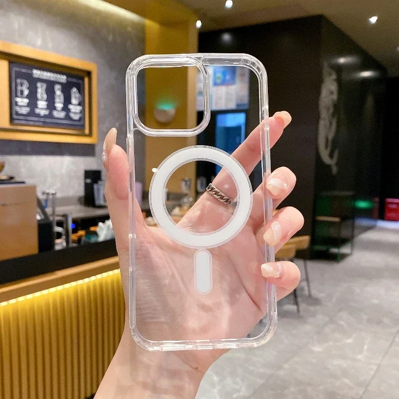 เคสโทรศัพท์พีซีโปร่งใสสําหรับiPhone 16 15 14 13 14 11 Pro Max Plus Magsafeแม่เหล็กไร้สายชาร์จกันกระแทกกันชน