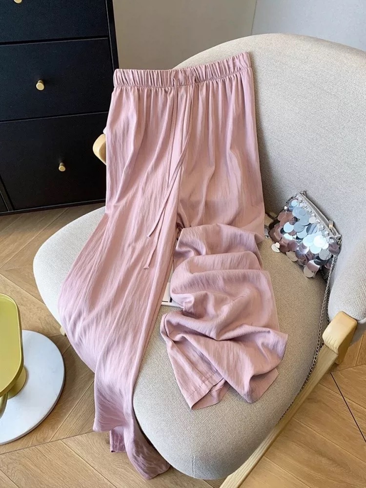 Casual Loose Thin Ice Silk Straight Leg Pants Women Summer Slimming Wide Leg Pants Korean Sle High Waist Long Pants