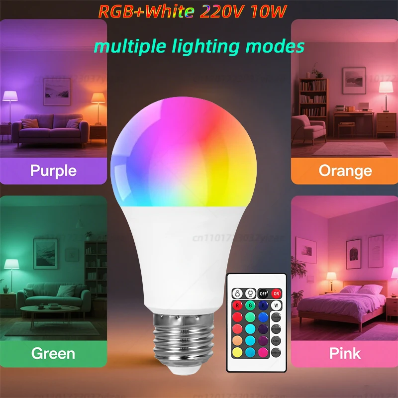 Żarówka LED z pilotem IR 220 V, ściemnialna żarówka RGB + biała, podstawa E27, do domu/na imprezę/dekoracji, oszczędność energii