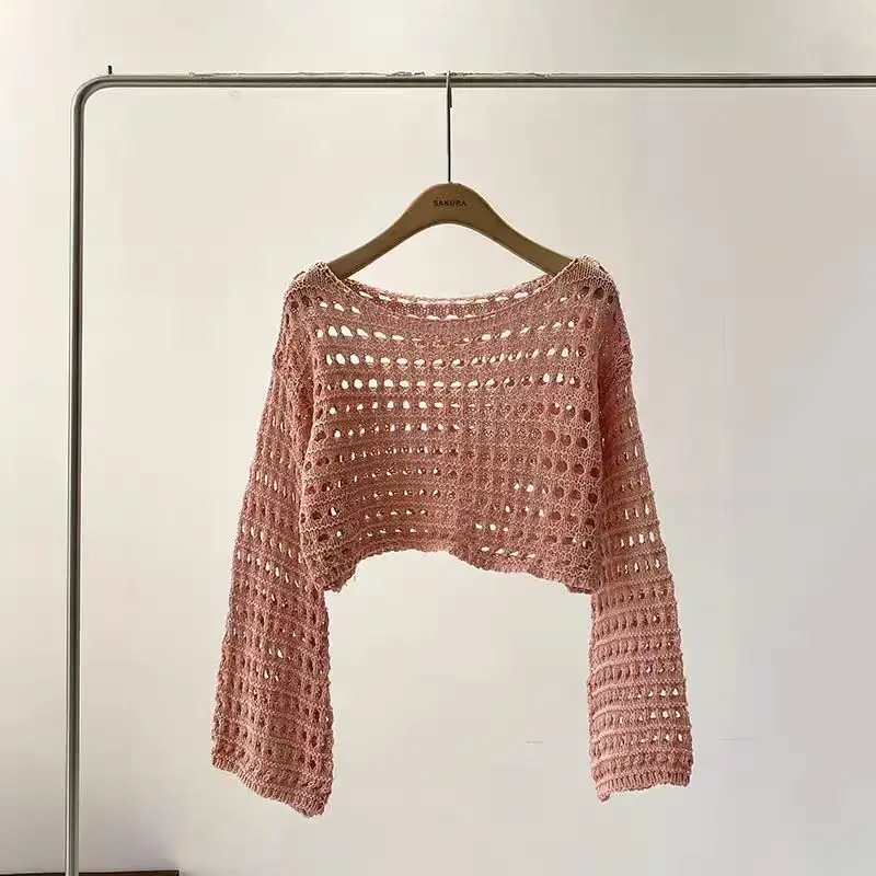 긴 소매 크로 셰 뜨개질 니트 탑 여름 해변 비키니 커버 자르기 풀오버 울 니트 블라우스 여성 휴가 Boho 복장