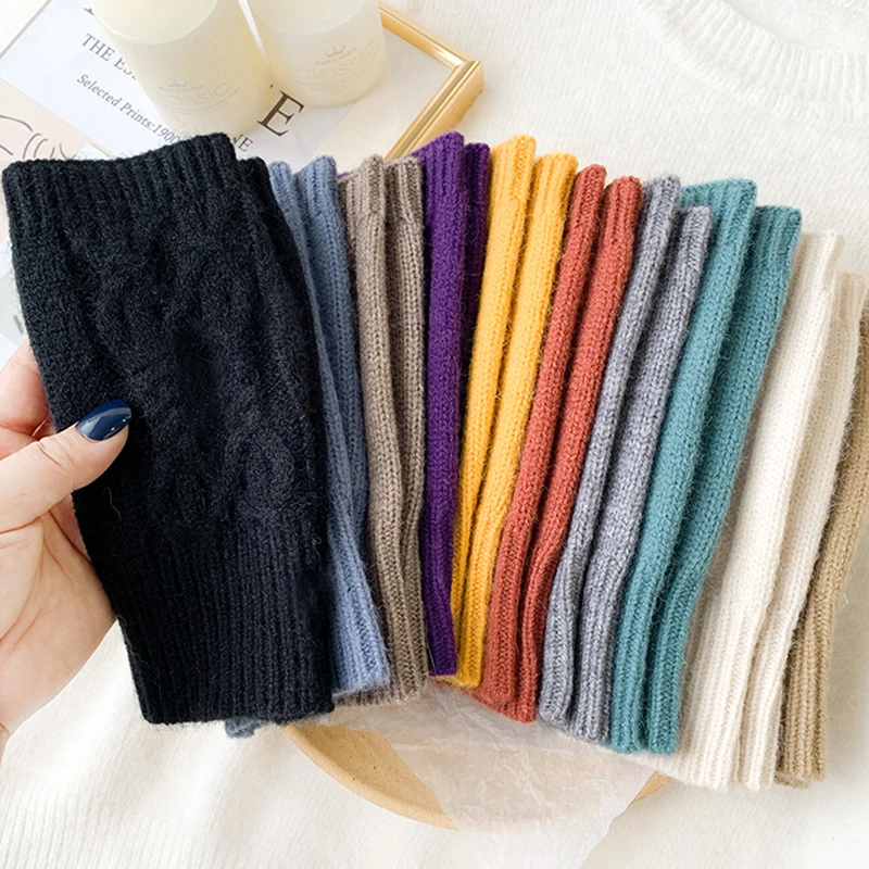 Warm Wool Fingerless Wrist Gloves Women Winter Knitted Half Finger Arm Cover Long Sleeve Gothic Crochet Twist Pattern Mittens