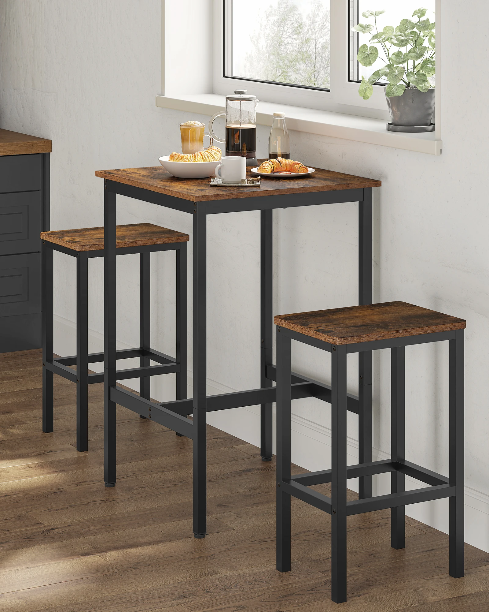 VASAGLE Bartisch mit 2 Barstühlen Set, Stehtisch, Küchentisch hoch, Barhocker, Küchenstuhl mit Kunstleder-Oberfläche