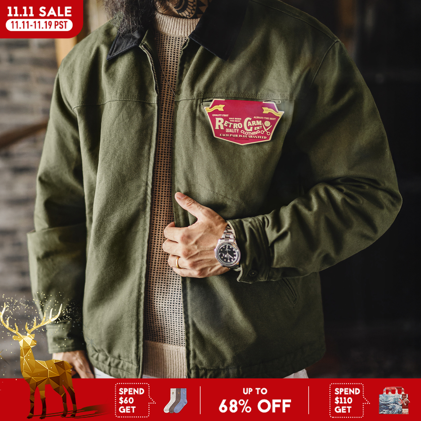 Maden Vintage Herren J001 Detroit Jacke Reverskragen Warme gesteppte Arbeitsjacke Schwergewichtiger Baumwoll-Safari-Mantel für Herbst und Winter