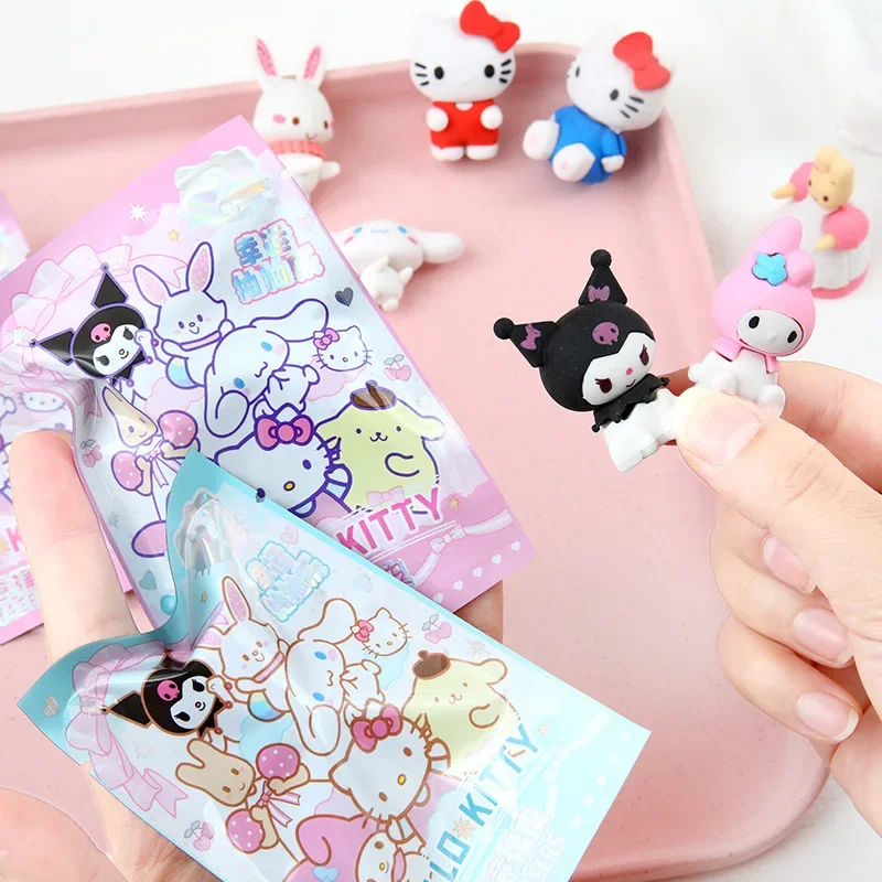 Sanrio 만화 지우개 고무 16/32pcs Kawaii 학생 문구 Kuromi 헬로 키티 3D 지우개 청소 도구 학교 어린이 선물