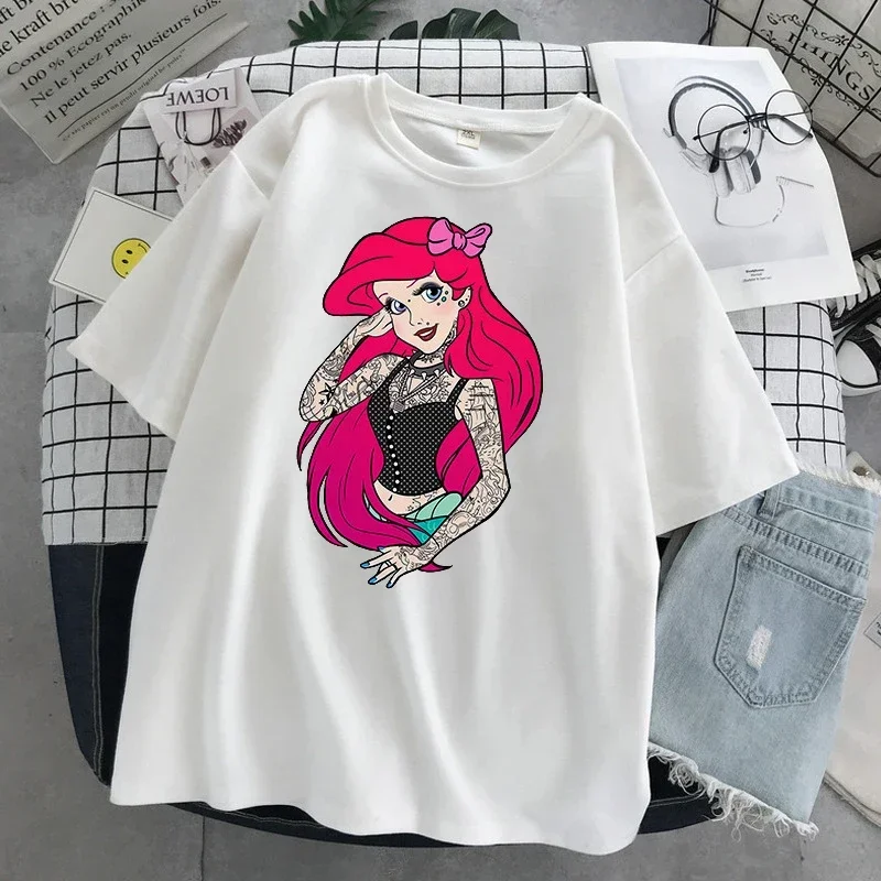 プリンセスプリント不思議の国のアリス女性 Tシャツトップス黒アリス白雪姫カジュアル半袖 Tシャツファムトップ Y2K