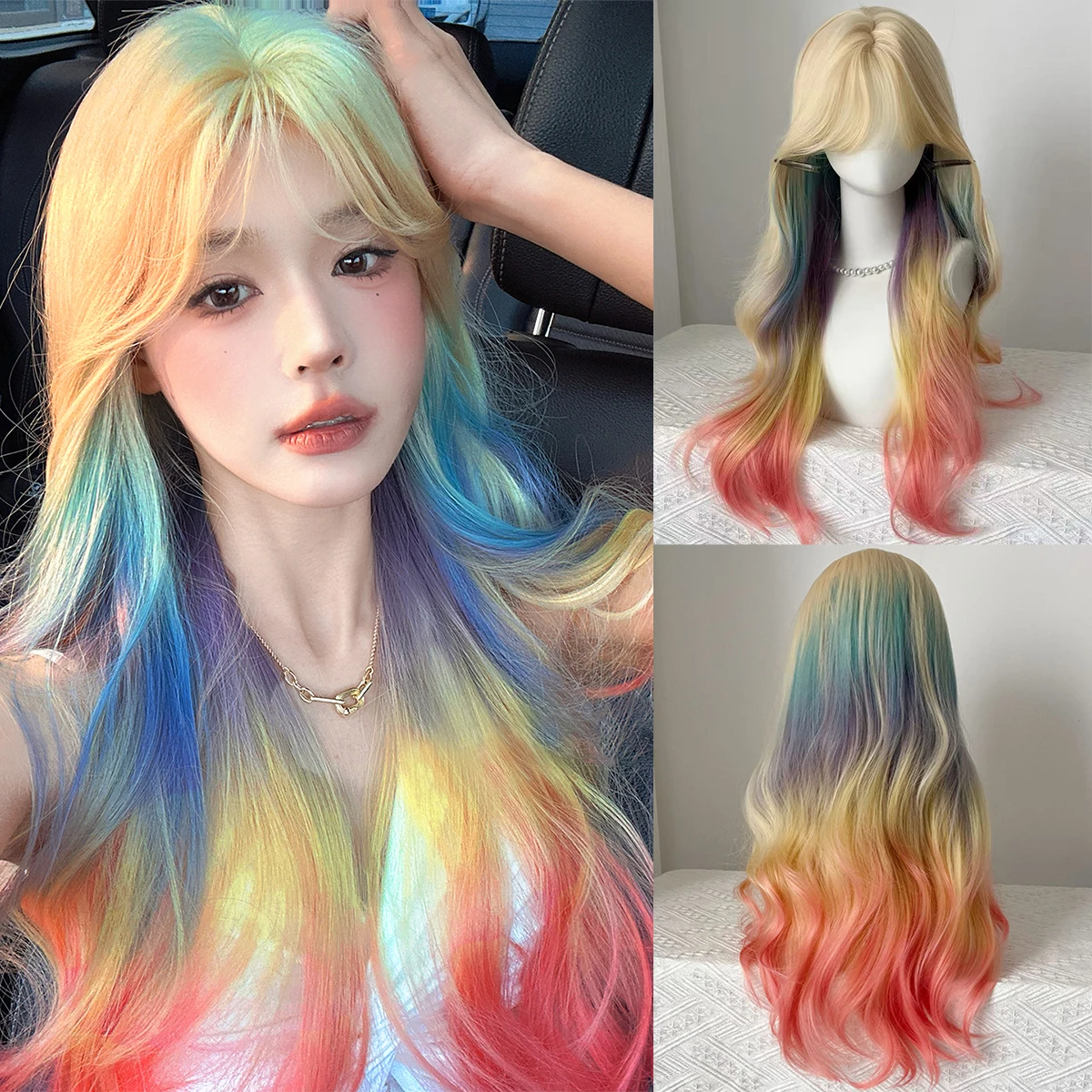 Synthetische gemischte Farbverlauf-Kopfbedeckungsperücke für Damen, Air Bangs, Weihnachts-Cosplay-Stil, violettes langes lockiges Haar