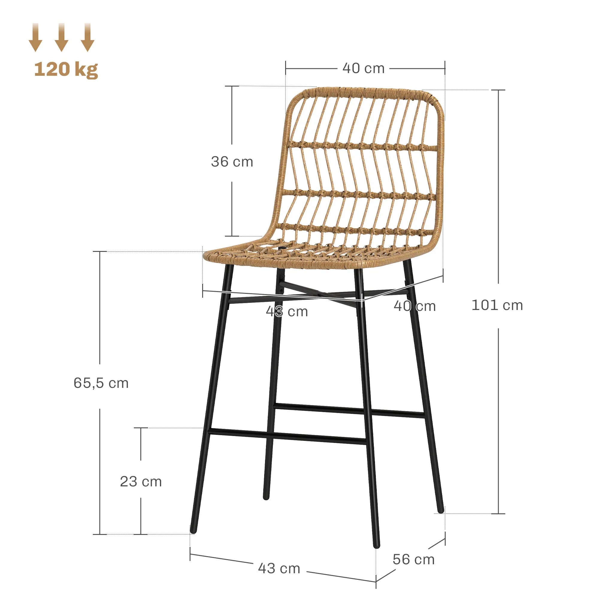 Homcom Set di 2 sgabelli alti da cucina sgabelli da bar con schienale e sedile in rattan per bar cucina sala da pranzo marrone
