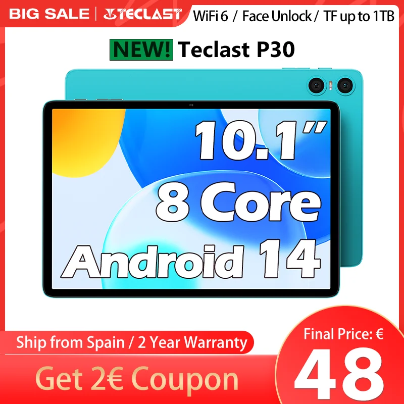 Teclast P30 Android 14 Tablet 10,1 pulgadas IPS Max 10GB RAM 64GB ROM A523 Octa-core TÜV Rheinland certificación tabletas Wifi 6