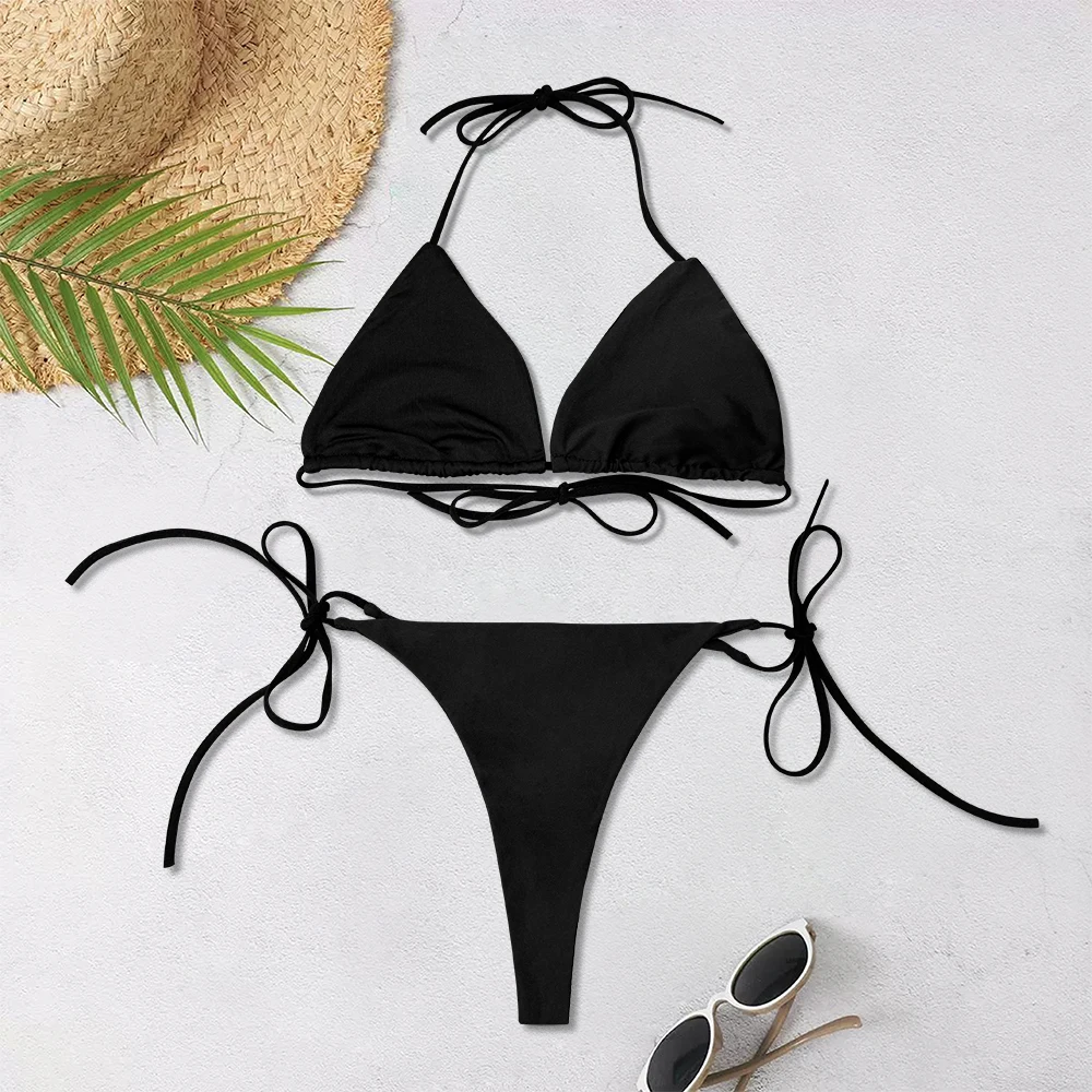 2025, neuer einfarbiger, separater Strandkleidung für Damen, sexy Neckholder-Dreipunkt-Bikini, rückenfrei, verstellbar, mit Schnürung