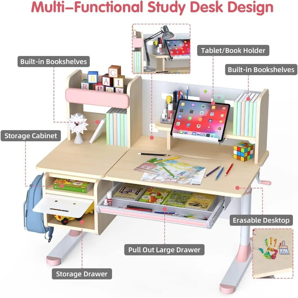 Wood Adjustable Height Kids Study Desk with Chair, Reading Homework Drawing Table Computer Station Built-in Bookshelf Hutch