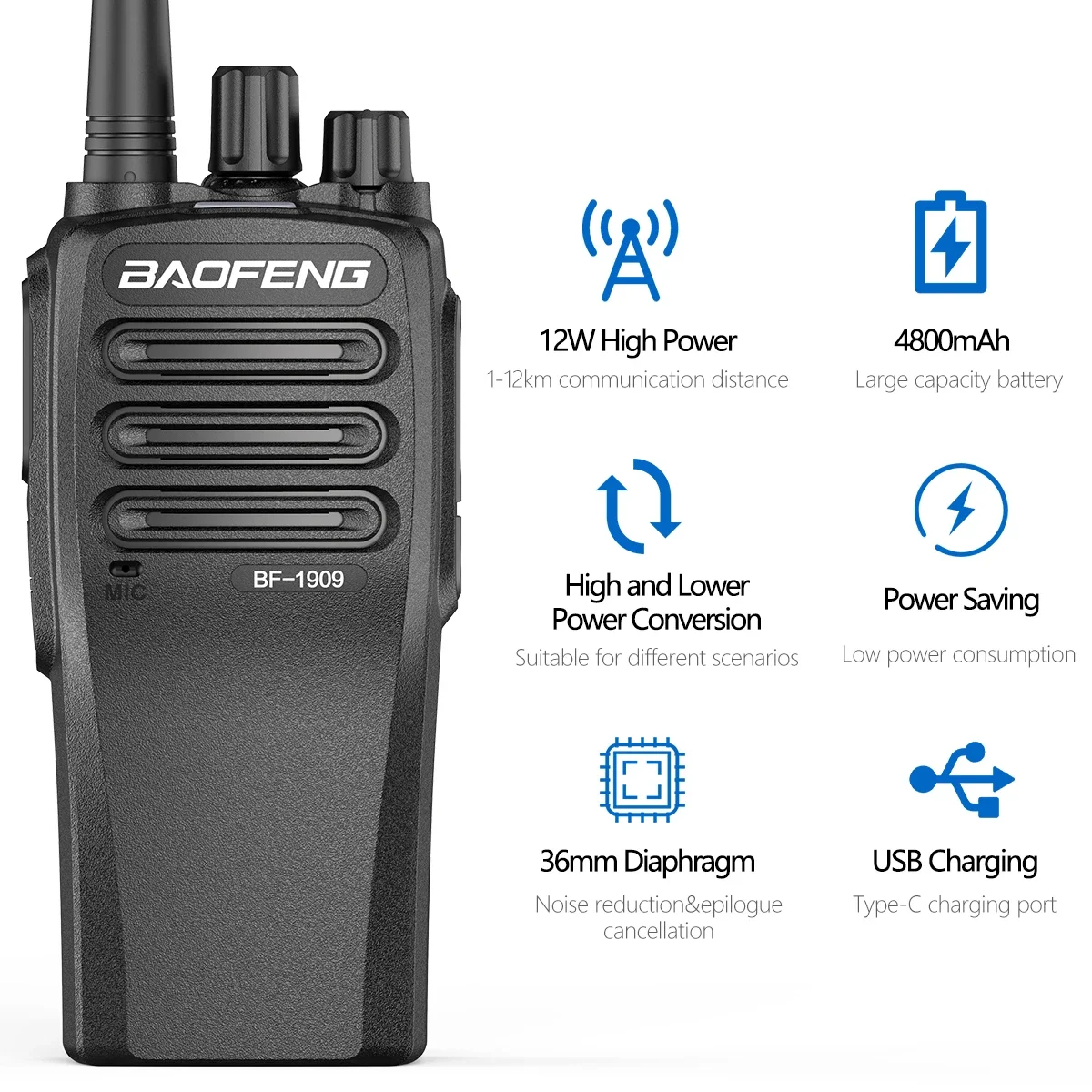 BaoFeng BF 1909 12W High Power Walkie Talkie Long Range Two Way Radio Type C Charging Transmitter Upgrade BF 888S UV 5R UV 82