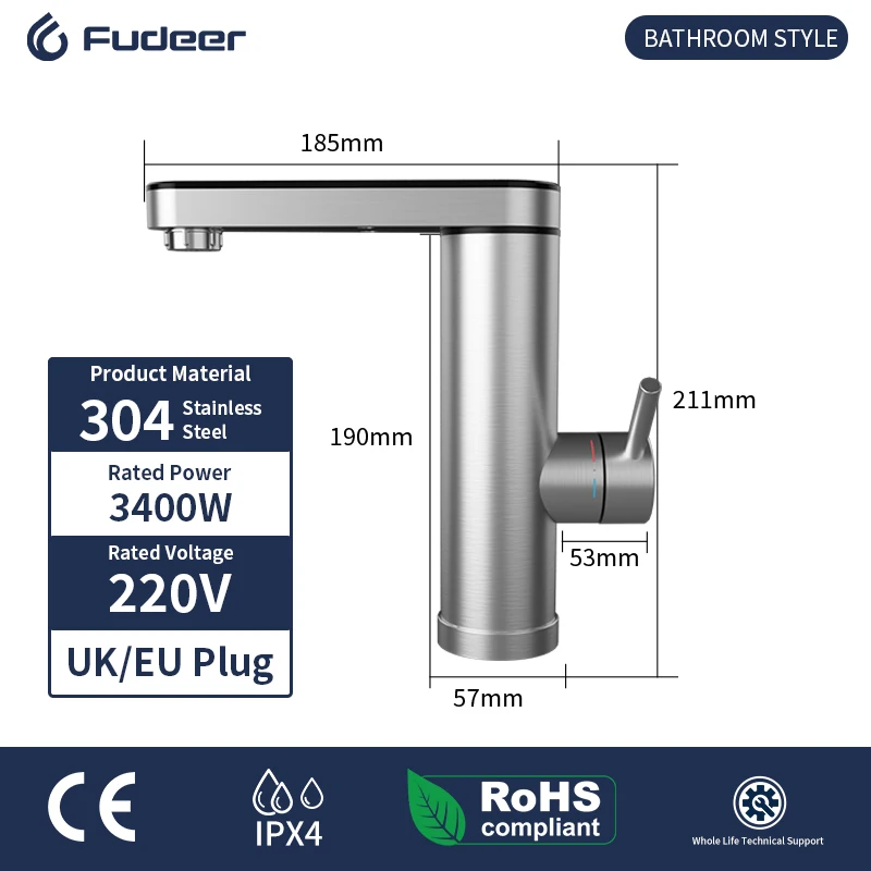 Fudeer 3400W 220V Rubinetto scaldabagno elettrico da cucina Rubinetto istantaneo per acqua calda in acciaio inossidabile Riscaldatore Rubinetto per riscaldamento freddo